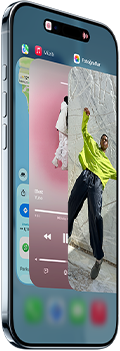 iPhone Air’in önden ve yandan dış görünümü, ince profil, üst kısmın ortasında yer alan Dynamic Island, Uygulama Değiştirici özelliği kullanılıyor, Eylem Düğmesi ve ses düğmeleri
