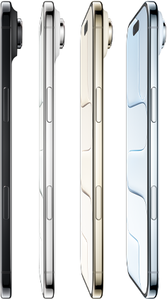 iPhone Air’in tüm dört rengiyle yandan dış görünümü, Gök Mavisi, Uçuk Altın Rengi, Pamuk Beyazı, Uzay Siyahı, çok ince profil, Fusion kamera sistemi, Yan düğme ve Kamera Denetimi düğmesi