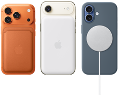 iPhone 17 Pro, arkadan dış görünüm, [O7] rengi, Sienna rengi Silikon Kılıf ve MagSafe özellikli Tilki Turuncusu rengi Mikro Dokuma Cüzdan; iPhone Air, arkadan dış görünüm, Pamuk Beyazı rengi, MagSafe Pil ile; iPhone 17, arkadan dış görünüm, Sis Mavisi rengi, Demir Mavisi Silikon Kılıf ve MagSafe Şarj Aygıtı ile