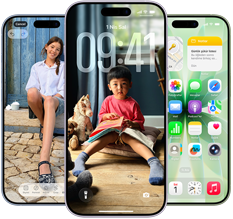 iPhone 17, önden dış görünüm, üst kısmın ortasında yer alan Dynamic Island, üç renk seçeneği: Sis Mavisi, Lavanta, Ada Çayı