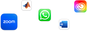 Zoom, MATLAB, WhatsApp, Microsoft Word ve Adobe Creative Cloud gibi çeşitli uygulamaların simgeleri ekranda dağınık bir şekilde görünüyor.