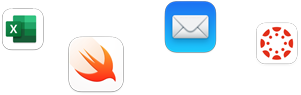 Microsoft Excel, Swift Playgrounds, Mail ve Canvas Student gibi çeşitli uygulamaların simgeleri ekranda dağınık bir şekilde görünüyor.