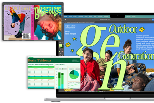 Numbers ve InDesign gibi uygulamaların görüldüğü farklı ekranlarla M4 çipli 13 inç MacBook Air’in performansı gösteriliyor.