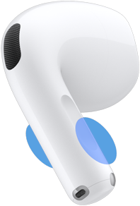 AirPods 5 kulaklığın dış görünümü, mavi daireler ses seviyesini kontrol etmek için alt uçta kaydırılması gereken yeri vurguluyor