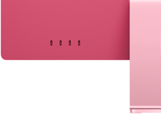 Dört adet Thunderbolt bağlantı noktası, Wi‑Fi 6E ve Bluetooth özellikleriyle pembe iMac’in bağlantı noktalarının arkadan görüntüsü