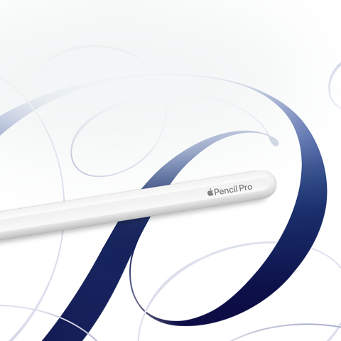 Mavi sarmal desenlerin bulunduğu beyaz bir arka planda beyaz renkte Apple Pencil Pro gösteriliyor