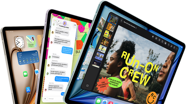 Yan yana yelpaze şeklinde dizilmiş üç adet iPad Air’in önden ve yandan görünümü, Mavi, Mor ve Yıldız&nbsp;Işığı renk seçenekleri, ekranlarında Keynote uygulaması, Mesajlar ve Ana Ekran gösteriliyor