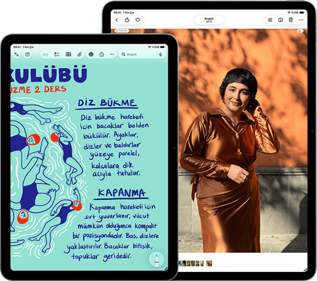 11 inç ve 13 inç boyutlarında iki adet iPad Air; 11 inç iPad Air ekranında Notlar uygulamasında renkli bir metin gösteriliyor, 13 inç iPad Air ekranında Fotoğraflar uygulamasında bir kişinin fotoğrafı gösteriliyor