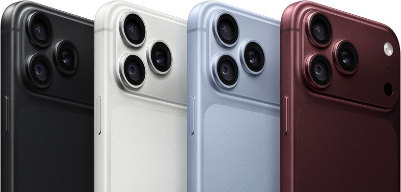 Yan yana dizilmiş iPhone 18 Pro aygıtları, arkadan dış görünüm, dört renk seçeneği: Burgonya Rengi, Buzul Rengi, Gümüş Rengi, Siyah, sol üst köşede Pro Fusion kamera sistemi, 3 adet lens, mikrofon, flaş