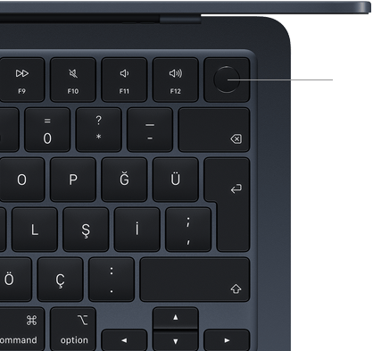 MacBook Air klavyesi, sağ üst köşede Touch ID düğmesinin yeri gösteriliyor