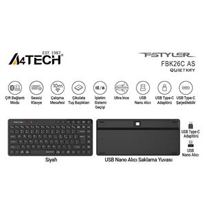 A4TECH FBK26CS AS BLACK BLUETOOTH MİNİ SESSİZ KLAVYE
