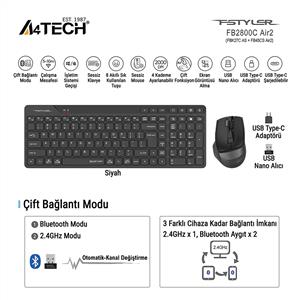 A4TECH FB2800C AIR2 KABLOSUZ KLAVYE MOUSE SET-SİYAH