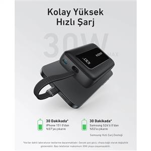 Anker Zolo Powerbank 10.000 mAh 30W ( Dahili USB-C Kablolu ) - Siyah