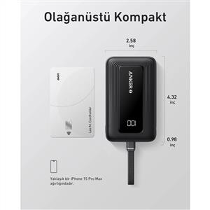 Anker Zolo Powerbank 10.000 mAh 30W ( Dahili USB-C Kablolu ) - Siyah