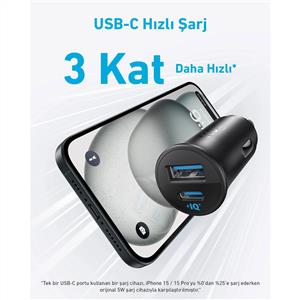Anker Araç Şarj Cihazı ( 30W , 2 Bağlantı Noktası PowerIQ 3.0 ) - Siyah