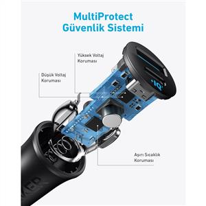 Anker Araç Şarj Cihazı ( 30W , 2 Bağlantı Noktası PowerIQ 3.0 ) - Siyah