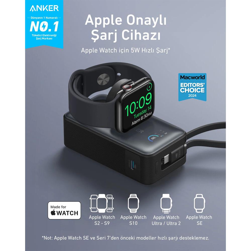 Anker MagGo Power Bank (10K, 35W, Apple Watch Uyumlu) - Siyah