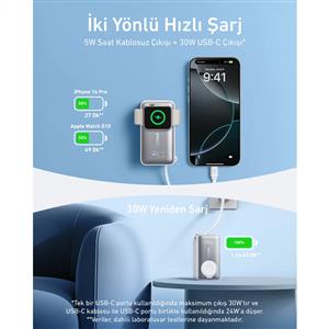 Anker MagGo Power Bank (10K, 35W, Apple Watch Uyumlu) - Beyaz