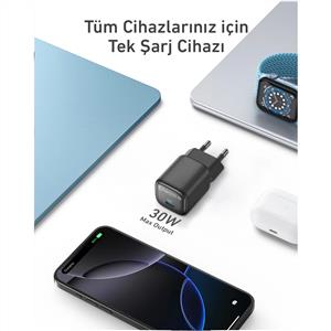 Anker Nano USB C GaN 30W, PD 3.0  PPS Hızlı Şarj Cihazı - Siyah