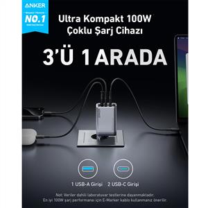 Anker Prime 100W 3 Ports GaN Şarj Cihazı - Gri