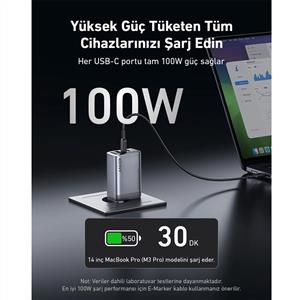 Anker Prime 100W 3 Ports GaN Şarj Cihazı - Gri