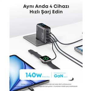 Anker 140W 4 Port Laptop Şarj Cihazı - Koyu Gri