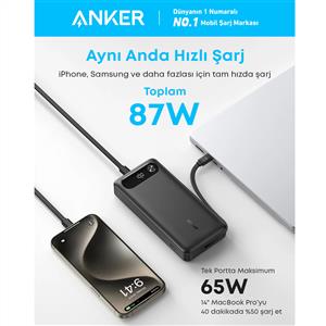 Anker 20000 mAh 87W USB-C Powerbank ( 1 Usb-C Kablo + 1 Usb-C+1 Usb-A Port ) - Siyah