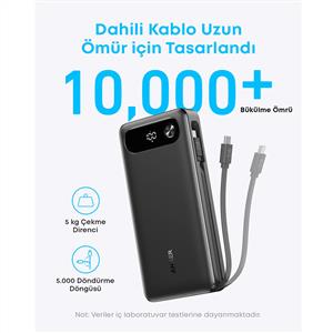 Anker 20000 mAh 87W USB-C Powerbank ( 1 Usb-C Kablo + 1 Usb-C+1 Usb-A Port ) - Siyah