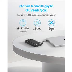 Anker 20000 mAh 87W USB-C Powerbank ( 1 Usb-C Kablo + 1 Usb-C+1 Usb-A Port ) - Siyah