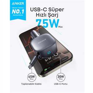 Anker Nano 75W Araç Şarjı ( 1 Usb-C Kablo + 1 Usb-C Port ) - Siyah
