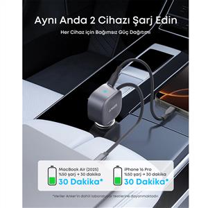 Anker Nano 75W Araç Şarjı ( 1 Usb-C Kablo + 1 Usb-C Port ) - Siyah