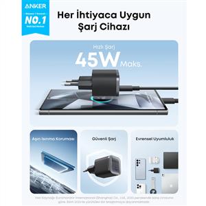Anker Nano 45w Şarj Cihazı (USB-C Kablo Dahil) - Siyah