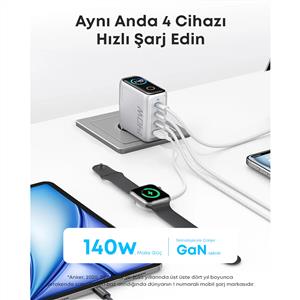 ANKER Şarj Aleti 140W, 4-Port, PD 3.1 ( Usb-C Kablo ile ) -  Koyu Gri