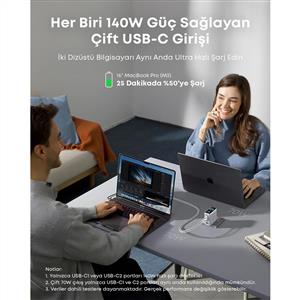 ANKER Şarj Aleti 140W, 4-Port, PD 3.1 ( Usb-C Kablo ile ) -  Koyu Gri