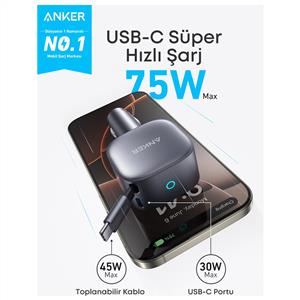 Anker Nano Araç Şarjı (75W, USB-C Port, USB-C Cable) - Gri