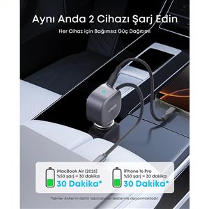 Anker Nano Araç Şarjı (75W, USB-C Port, USB-C Cable) - Gri