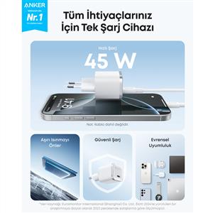 ANKER Nano Şarj Aleti 45W ( Usb-C Kablo Dahil ) - Beyaz