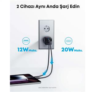 Anker 323 33w Şarj Adaptörü ( 1 Usb-c + 1 Usb ) - Siyah