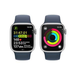 Apple Watch Series 9 GPS 41mm Akıllı Saat Silver with Storm Blue Sport Band - M/L
