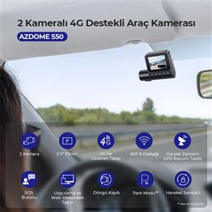 Azdome S50 4k Sim Kartlı & 2 Kameralı 4K Araç İçi Kamera(Obd Park Kiti)