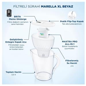 BRITA MARELLA XL 1 FİLTRELİ SÜRAHİ PRO- BEYAZ 3,5 LT