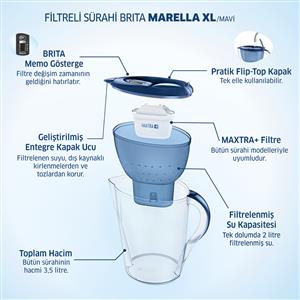 AFET YARDIM-BRITA MARELLA XL MAVİ SU ARITMALI AKILLI SÜRAHİ XL FİLTRELİ (MAVİ)