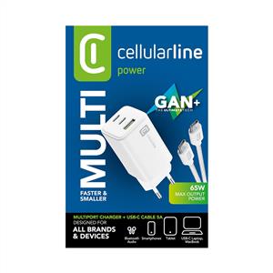 CELLULARLINE MULTIPOWER 65W GAN 3 PORT ŞARJ ALETİ ( ADAPTÖR + KABLO ) - BEYAZ