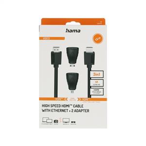 Hama HDMI Kablo 1.50m + 2 Adaptör Başlık - Siyah