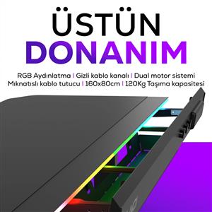 HAWK GAMING CHAIR ION X Çift Motorlu Yükseklik Ayarlı 160x80 RGB Siyah Oyuncu Masası