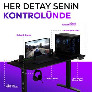 HAWK GAMING CHAIR ION S Çift Motorlu Yükseklik Ayarlı 140x70 RGB Siyah Oyuncu Masası