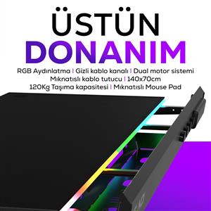 HAWK GAMING CHAIR ION S Çift Motorlu Yükseklik Ayarlı 140x70 RGB Siyah Oyuncu Masası