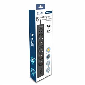 INCA IPW-44TU 5 Port 3x Usb + Type-C Akım Korumalı Led Tuşlu Priz 1.5m- Siyah