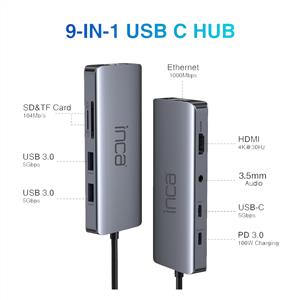 Inca USB-C + HDMI 4K 60HZ+Ethernet RJ45 1000Mbps+2XUSB3.0 +PD100W+SD +TF3.0 Data Çoklayıcı