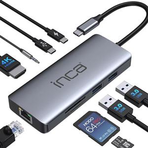 Inca USB-C + HDMI 4K 60HZ+Ethernet RJ45 1000Mbps+2XUSB3.0 +PD100W+SD +TF3.0 Data Çoklayıcı